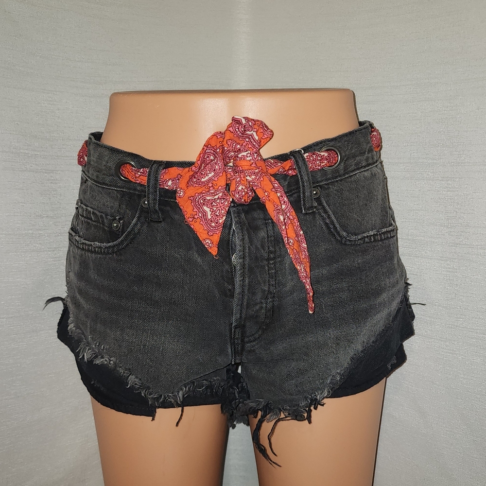 Women's Black Denim Shorts with Red Paisley Belt